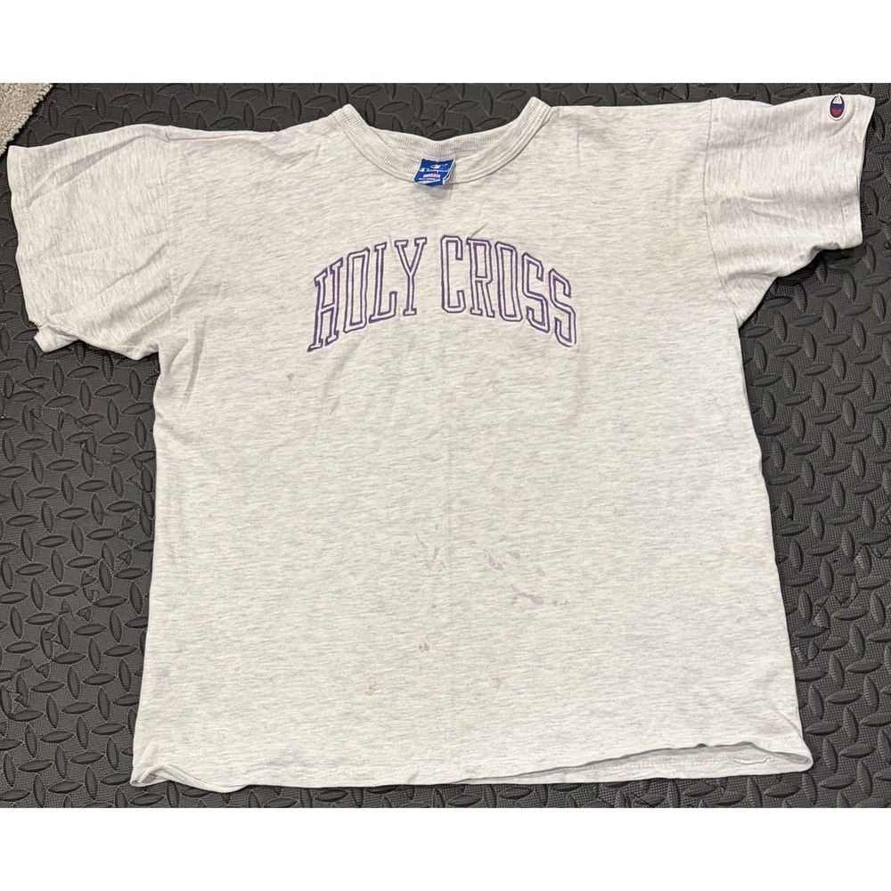 Vintage Champion Holy Cross Shirt Mens XL Gray College Tee Made USA Embroidered